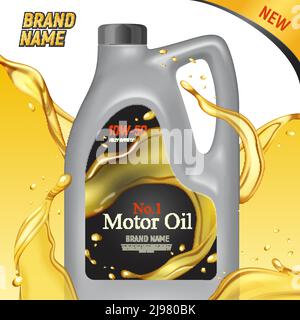 Realistic motor oil ads square background with images of plastic canister container branded package and text vector illustration Stock Vector