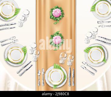 Dinner table set up background with top view of table covered with festive tablecloth and decorated by flowers realistic vector illustration Stock Vector