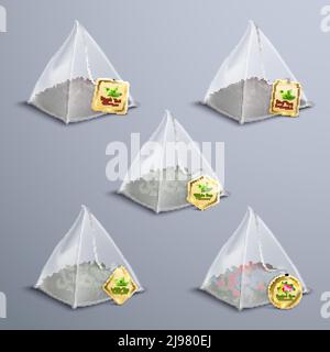 Tea pyramidal bags realistic set with black green white red herbal variety of tea isolated vector illustration Stock Vector