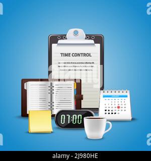 Time management realistic concept with different attributes of time control at the work vector illustration Stock Vector