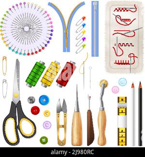Sewing isolated icons set of centimeter tape zipper scissors buttons needles threads realistic vector illustration Stock Vector