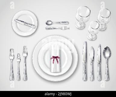 Table setting realistic top view with modern cutlery set serving for one person 3d vector illustration Stock Vector