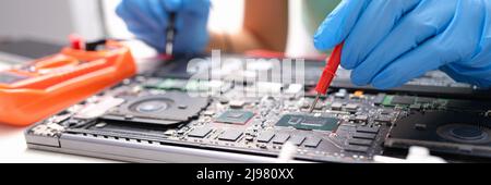 Laptop repair, hands hold voltage meter for electronics Stock Photo