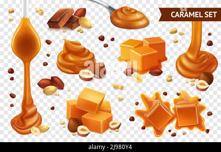 Realistic caramel chocolate nut icon set with different shapes taste and condition vector illustration Stock Vector