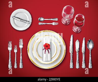Top view of table place setting for ceremonial dinner on red background with empty plate glasses and cutlery realistic vector illustration Stock Vector