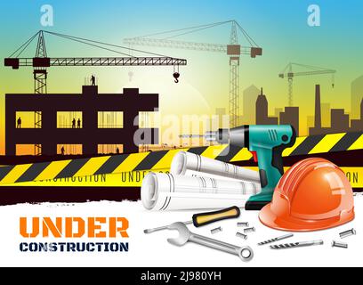 Realistic construction background with under construction headline and different equipment on front side vector illustration Stock Vector