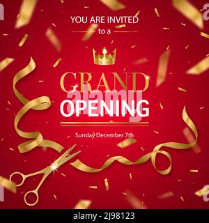 Grand opening invitation card poster with realistic golden scissors cutting ribbon and crown red background vector illustration Stock Vector