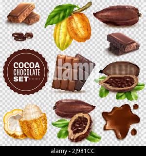 Set of realistic fresh and dried cocoa pods with seeds, chocolate isolated on transparent background vector illustration Stock Vector