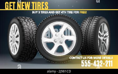 Get new tires advertising realistic poster with winning offer and contact information vector illustration Stock Vector