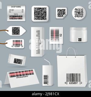 Isolated realistic qr bar code using scanning icon set different types sizes and their application vector illustration Stock Vector