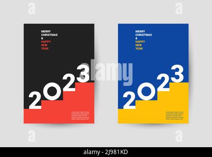 Creative Concept Of 2023 Happy New Year Poster Design Templates With Typography Logo 2023 Posters In Two Colors Black Red And Yellow Blue 2j981kd 