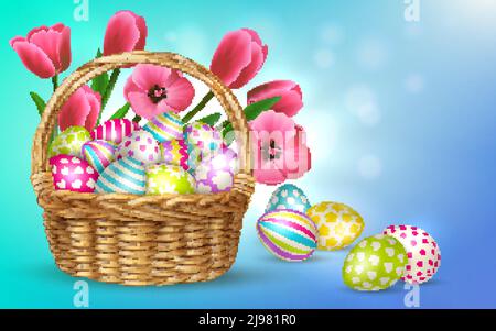 Easter composition with blurry background and images of basket filled with flowers and festive easter eggs vector illustration Stock Vector