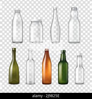 Empty different shapes and colors glass bottles for various applications transparent set realistic vector illustration Stock Vector