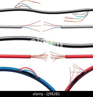 Set of realistic damaged electric cables of various diameter and color with sticking wires isolated vector illustration Stock Vector