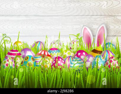 Easter composition with colourful images of festive easter eggs on green grass surface with bunny ears vector illustration Stock Vector