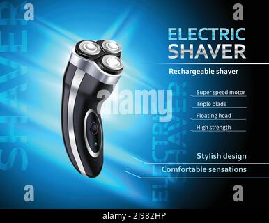 Realistic rechargeable electric shaver with speed motor advertising poster on gradient blue background vector illustration Stock Vector