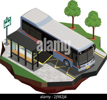 Public city transport isometric composition with view of bus stop and municipal bus with wheelchair ramp vector illustration Stock Vector