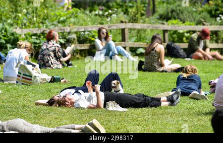 Brighton UK 21st May 2022 - Crowds enjoy the sunshine in Brighton's Royal Pavilion Gardens today as the warm weather is forecast to continue over the weekend : Credit Simon Dack / Alamy Live News Stock Photo