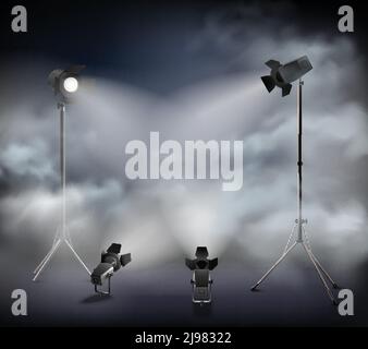 Spotlights in fog special theatrical   atmospheric effects with clouds mist haze smoke light realistic image vector illustration Stock Vector