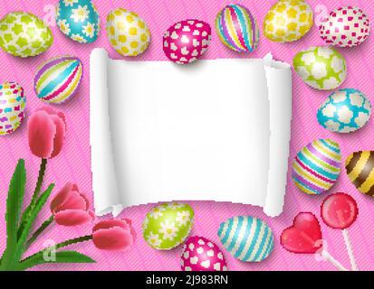 Easter composition with empty paper frame for congratulation text and images of eggs sweets and flowers vector illustration Stock Vector