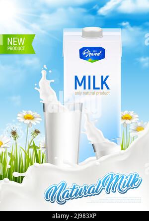 Realistic natural rustic milk package ad poster with milk splashes glass and camomile field with text vector illustration Stock Vector
