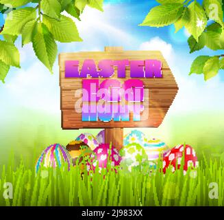 Easter background composition with easter eggs laying on green grass and wooden road sign with text vector illustration Stock Vector