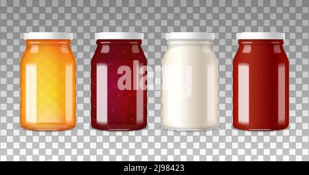 Colorful wide neck glass bottles with white screw caps on transparent background realistic vector illustration Stock Vector