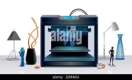 Realistic composition with 3d printer and various printed objects vector illustration Stock Vector