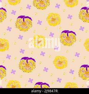 Yellow and violet pansies with abstract spots, seamless pattern Stock Vector