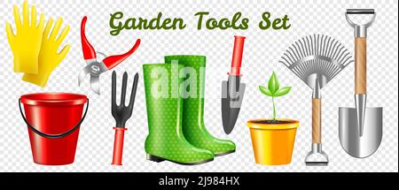 Set of realistic garden protective and working tools with sprout isolated on transparent background vector illustration Stock Vector
