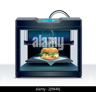 Realistic composition with process of burger 3d printing vector illustration Stock Vector