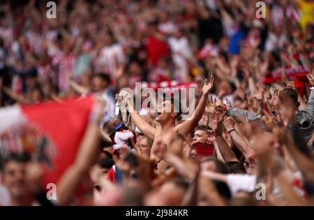 Sunderland fans celebrate after their side scores the first goal during the Sky Bet League One play-off final at Wembley Stadium, London. Picture date: Saturday May 21, 2022. Stock Photo