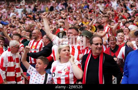 Sunderland fans celebrate after their side scores the first goal during the Sky Bet League One play-off final at Wembley Stadium, London. Picture date: Saturday May 21, 2022. Stock Photo