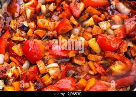 Close up of fried vegetables food background. Stock Photo