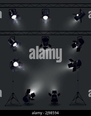 Spotlights set of realistic images with glowing spot lights from different angles with stands and reels vector illustration Stock Vector