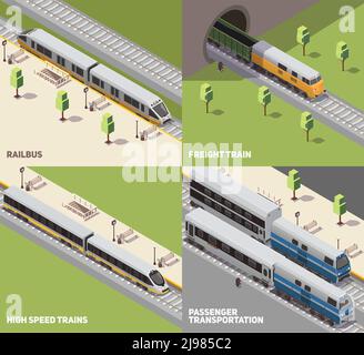 Railbus freight cargo and high speed trains passenger transportation concept 4 isometric icons set isometric vector illustration Stock Vector