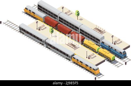 Railway station isometric composition with passenger platforms tunnel staircase entrance freight train and double decker vector illustration Stock Vector