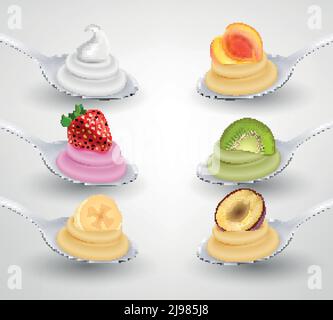 Mini desserts served on spoon appetizing realistic set with strawberry banana kiwi apricot flavored cream vector illustration Stock Vector