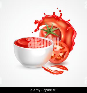 Tomato sauce bowl realistic composition with fresh whole vegetable and slice in splash of juice vector illustration Stock Vector