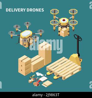 Drones quadrocopters isometric composition with images of remotely piloted aircrafts and parcel boxes with packaging closures vector illustration Stock Vector