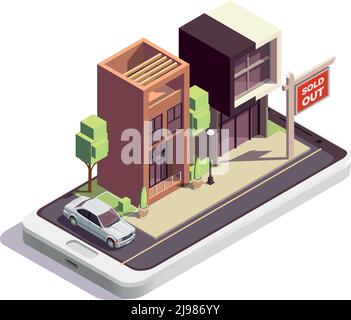 Townhouse buildings isometric composition with outdoor view of two modern dwelling houses with sold out sign vector illustration Stock Vector