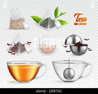 Tea brewing bag realistic transparent icon set with different elements on transparent background vector illustration Stock Vector