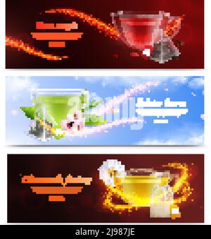 Tea brewing bag realistic banner set with rose magic sakura leaves and chamomile fantasy headlines vector illustration Stock Vector