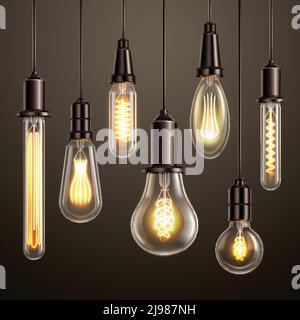 Trendy lighting design with retro style vintage looking soft glowing filament edison ligt bulbs variety vector illustration Stock Vector