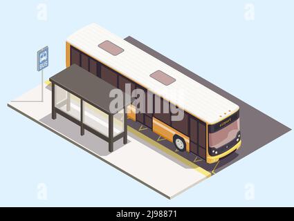 Transport composition with bus near stop on blue background 3d vector illustration Stock Vector
