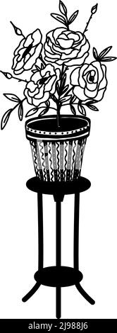 Potted flowers on a stand, home decor. Freehand drawing, linear black and white sketch. Large indoor plants outdoors. Vector illustration Stock Vector