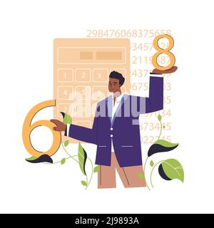 Man with mathematical thinking or accountant working with numbers. Different mental mindset types, mathematic, technical thinking. Mind behaviour, psychological concept. Flat vector illustration. Stock Vector