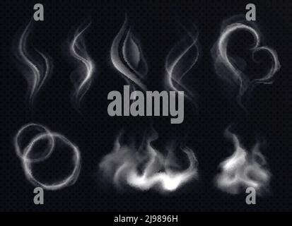 Steam smoke with ring and swirl shape realistic set white on dark transparent background isolated vector illustration Stock Vector