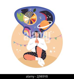 Woman with creative, imaginative thinking. Different mental mindset types or models. Mind behavior, mental perceiving, psychological concept. Color flat vector illustration isolated on white.  Stock Vector