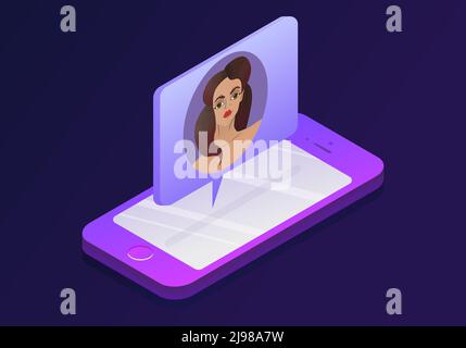3d isometric illustration with female icon. Phone, isometric. Incoming call Stock Vector